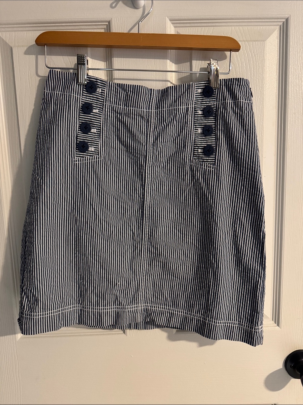 Talbots Navy and White Striped Button-Detail Mini Skirt